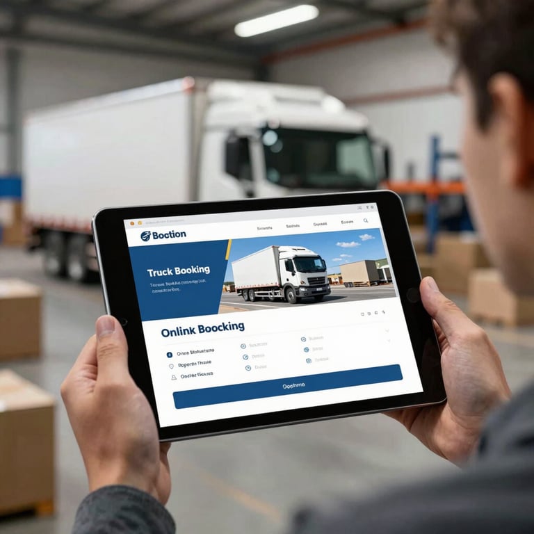 A tablet showing an online truck booking interface held by a professional in a logistics office, blurred warehouse in background.