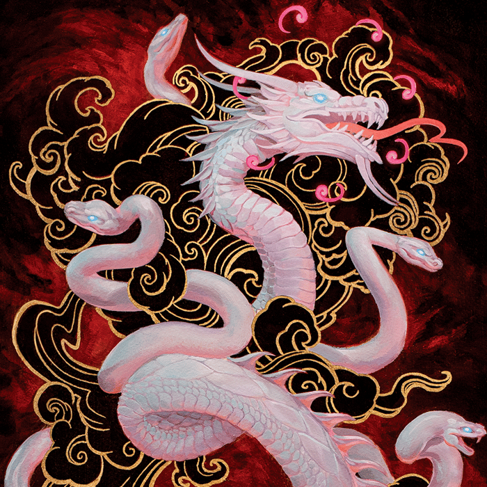 White dragon and multiple serpents emerging from gold-trimmed black clouds in a Japanese myth art style.