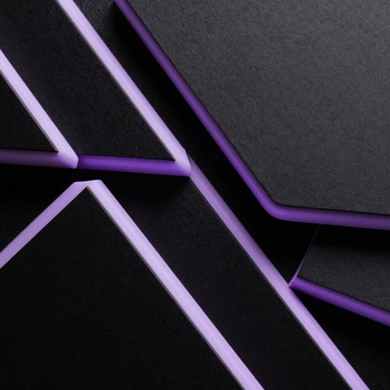 Abstract composition of black geometric shapes with light purple edges, sharp focus.