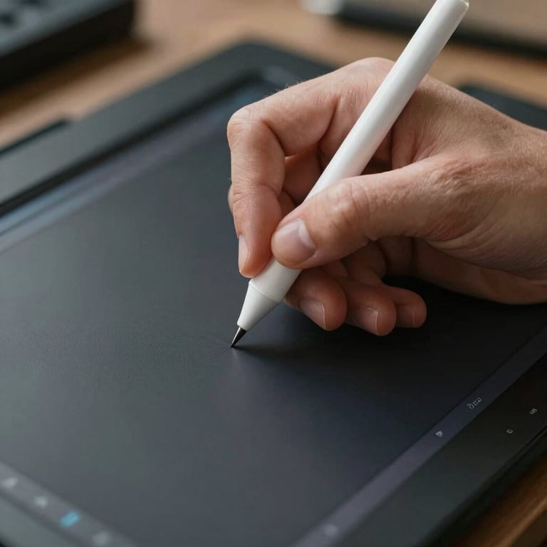 Close-up of a designer's hand using a precision stylus on a dark digital canvas, focused lighting.