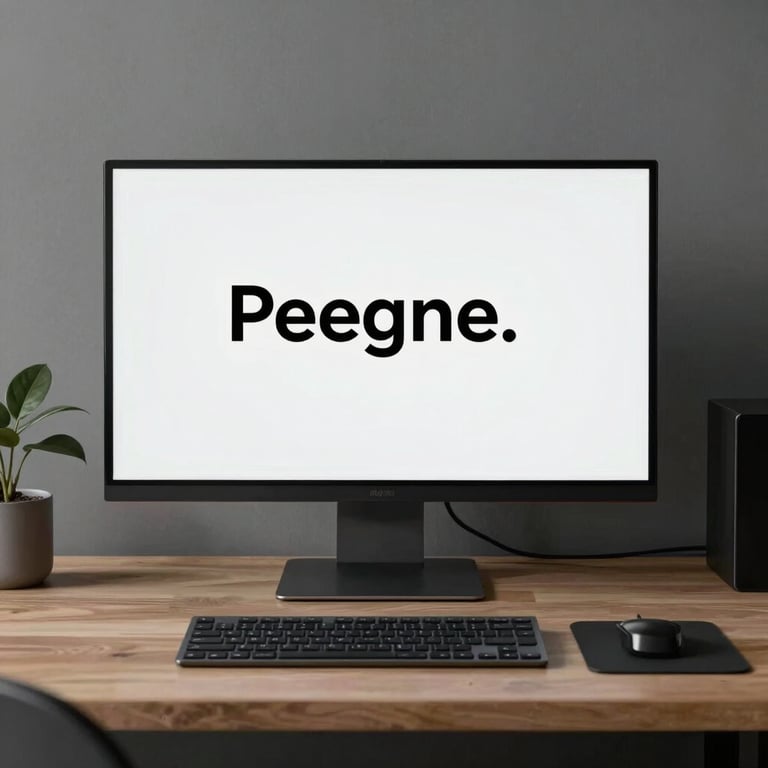 A wide shot of a modern, minimalist workspace with a large monitor displaying clean typography.