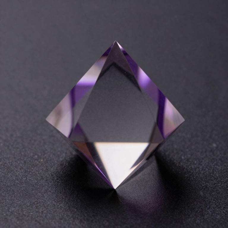 Macro shot of a glass prism reflecting purple and white light on a black surface, clean aesthetic.