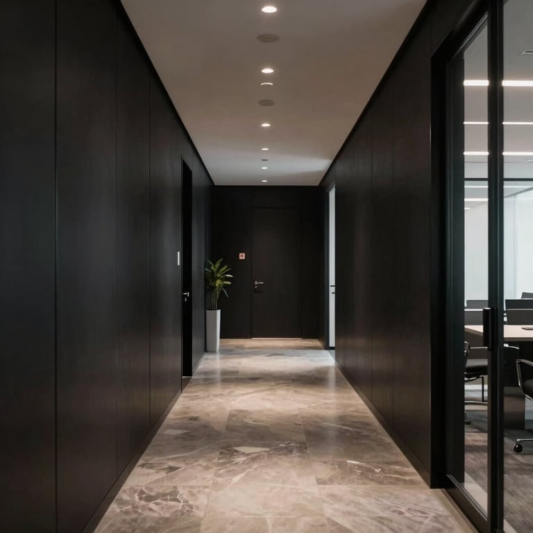 An elegant North American / International office corridor with black walls and subtle recessed lighting.