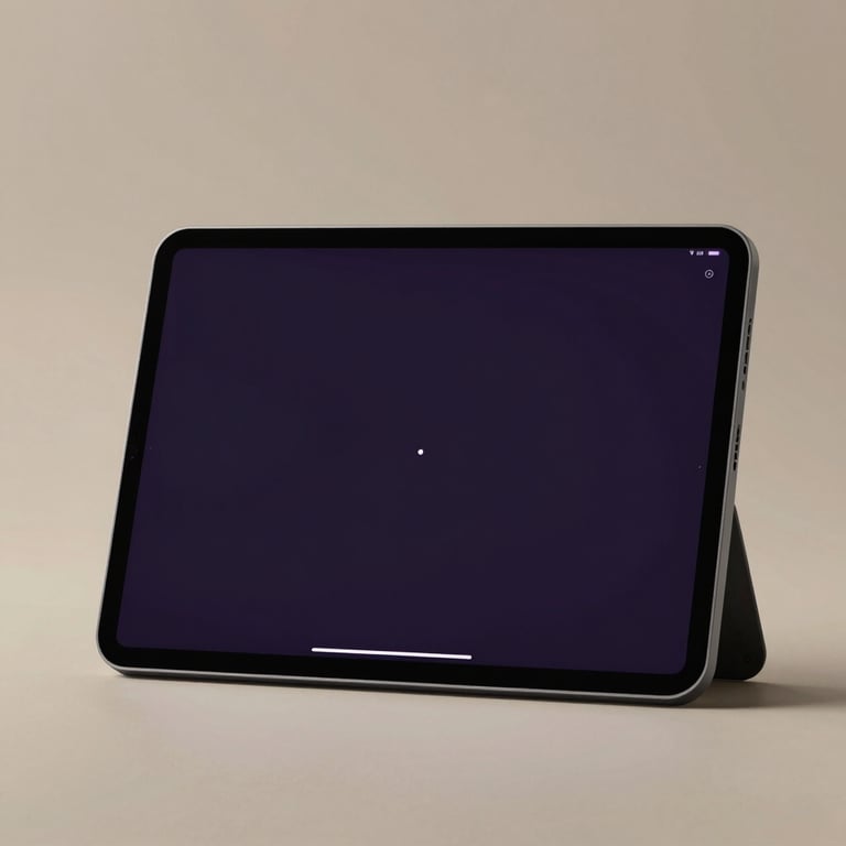 A minimalist dark tablet screen showing a sleek user interface with purple accents, soft studio lighting.