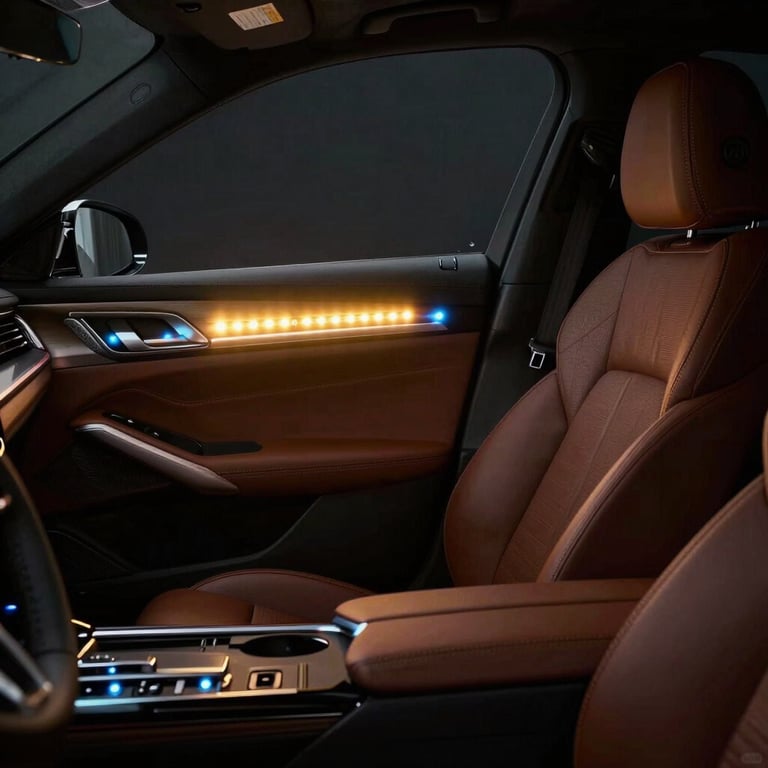 Interior car lighting showing warm and cool LED options, premium leather seats, dark ambient mood.