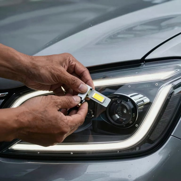 Close up of an Indonesian expert hand installing an LED unit into a modern car headlight housing.