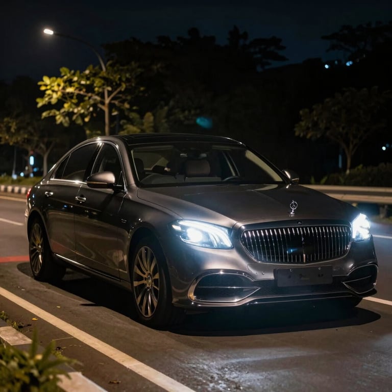 Night shot of a luxury sedan on a road in Indonesia, bright LED headlights illuminating the way, dramatic atmosphere.