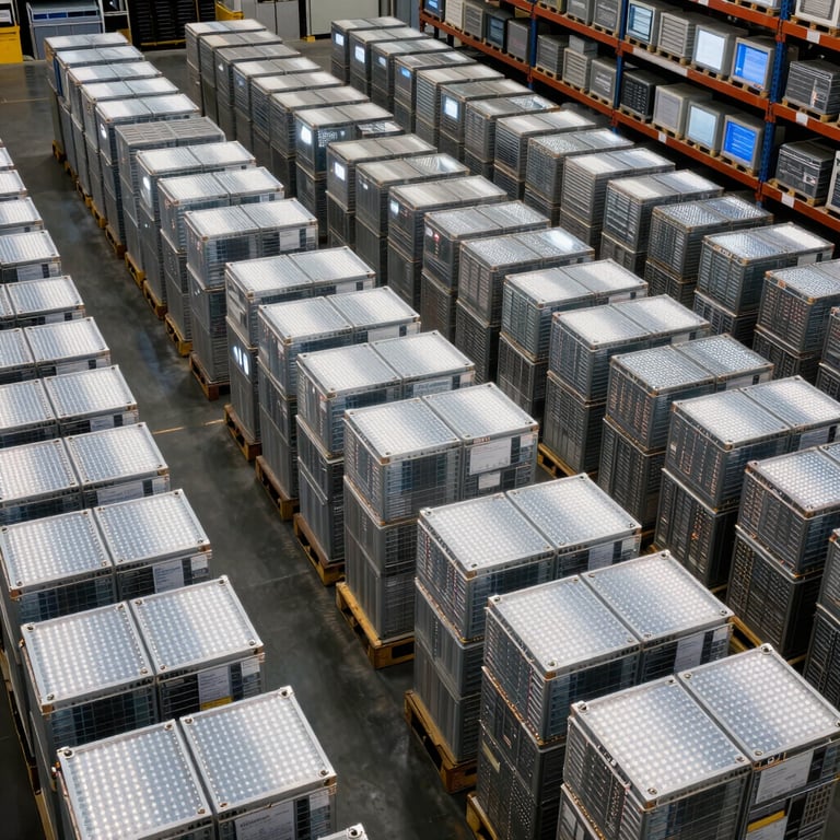 Modern distribution warehouse in Southeast Asia with organized rows of LED products ready for shipping.