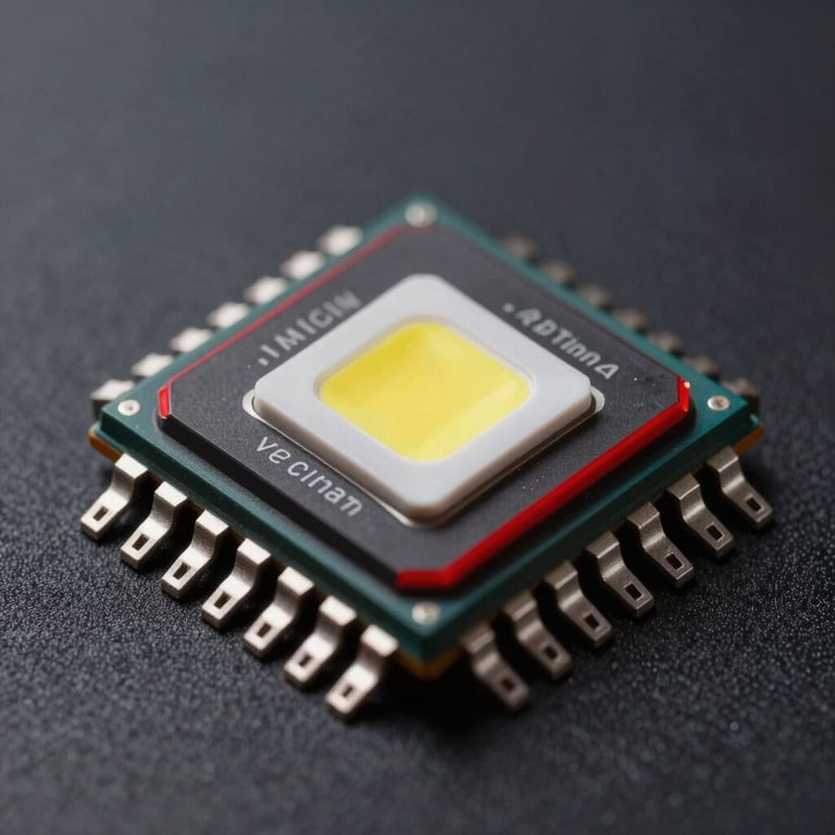 Macro shot of a high-performance LED chip with red accents, sleek dark background, premium tech style.