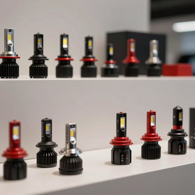Minimalist showroom display of various automotive LED bulbs and accessories, black and red aesthetic.