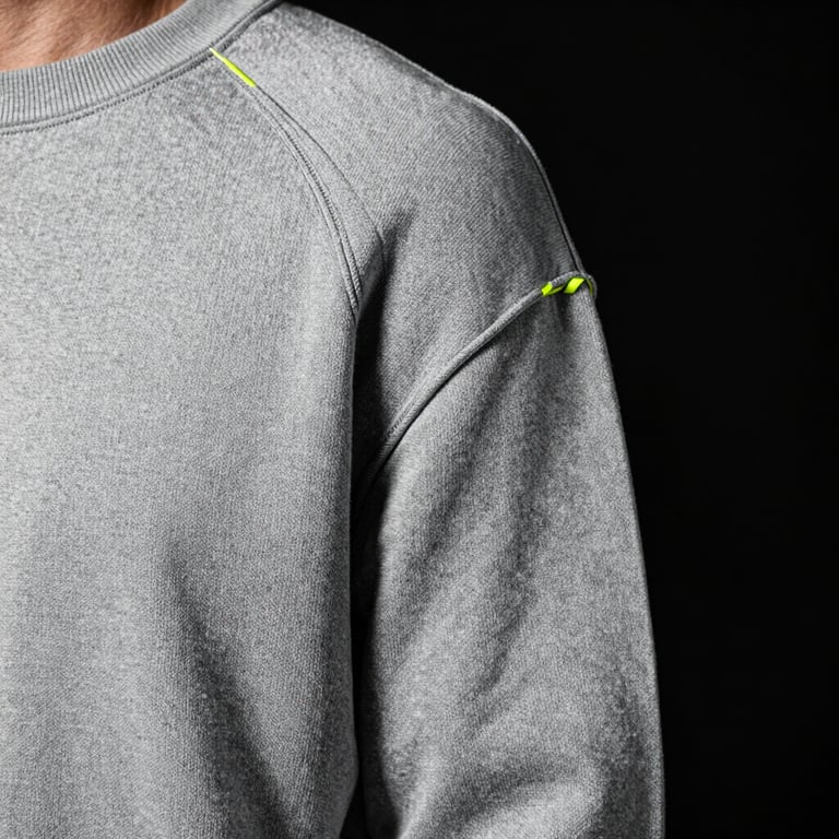 Close-up of engineered shoulder seams on a heavy-weight gray sweatshirt, high-contrast studio light highlighting the dense knit structure.