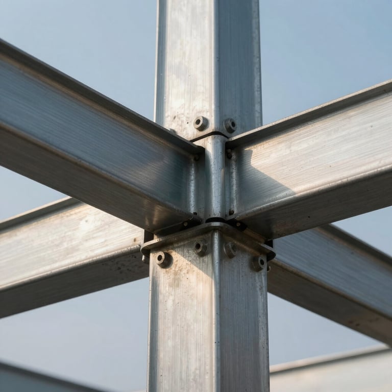 Macro architectural detail of a steel structural connection, brushed metal, honed stone, crisp cool morning light, level framing.