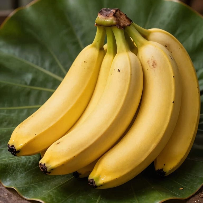 Close-up of a bunch of fresh, vibrant yellow bananas resting on a dark green leaf.