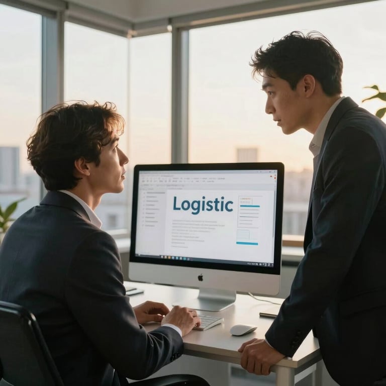 Two business professionals in a light, modern office discussing logistics in front of a computer screen with golden hour sunlight.