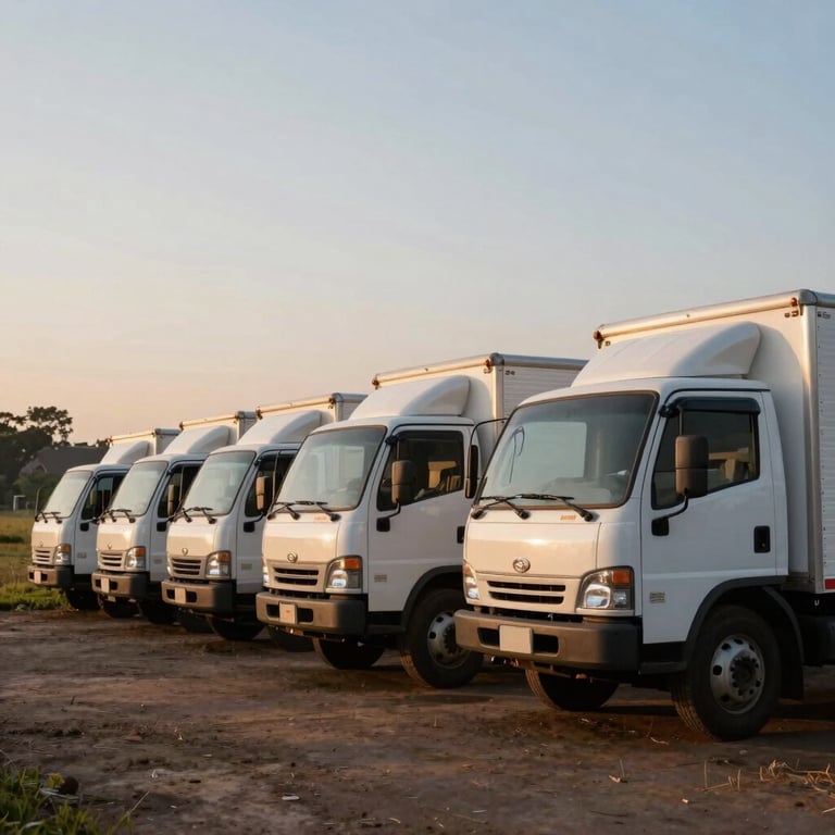 A fleet of clean delivery trucks parked in a rural South American setting at sunrise.