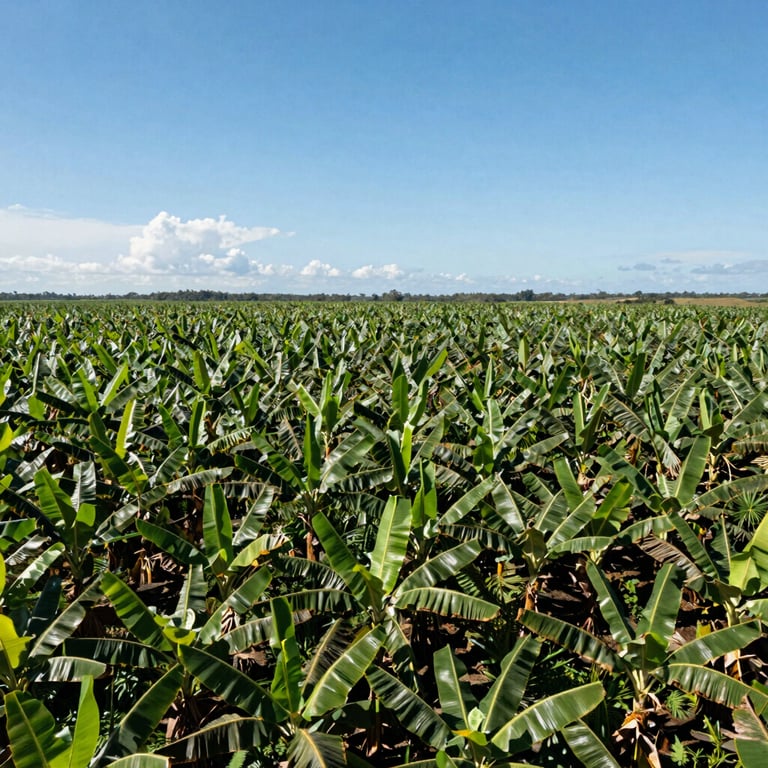 Aerial view of a vast and lush green banana plantation in the Brazilian countryside under clear blue skies.