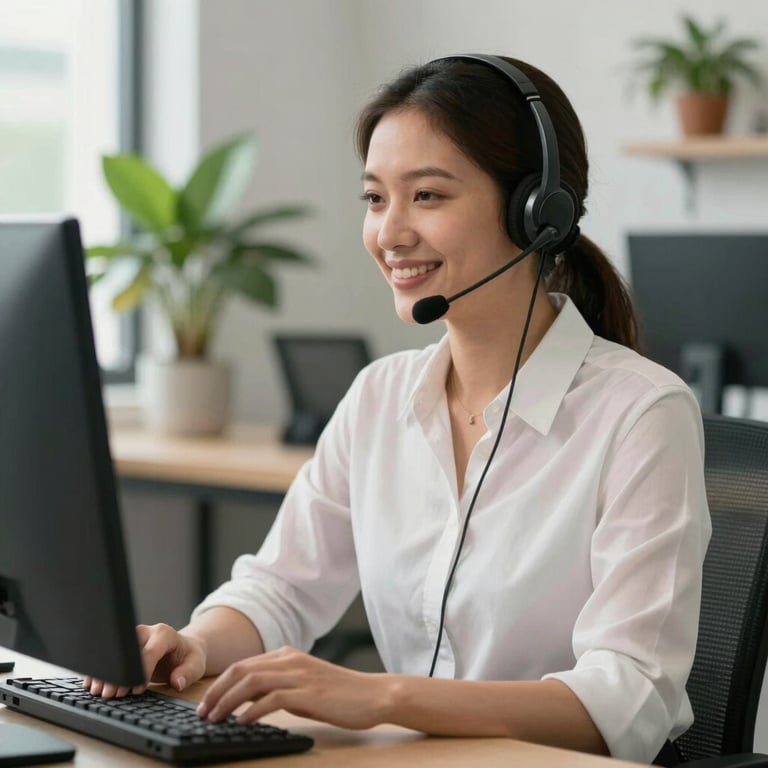 A professional South American tele-atendimento operator with a headset smiling in a bright office decorated with indoor plants.
