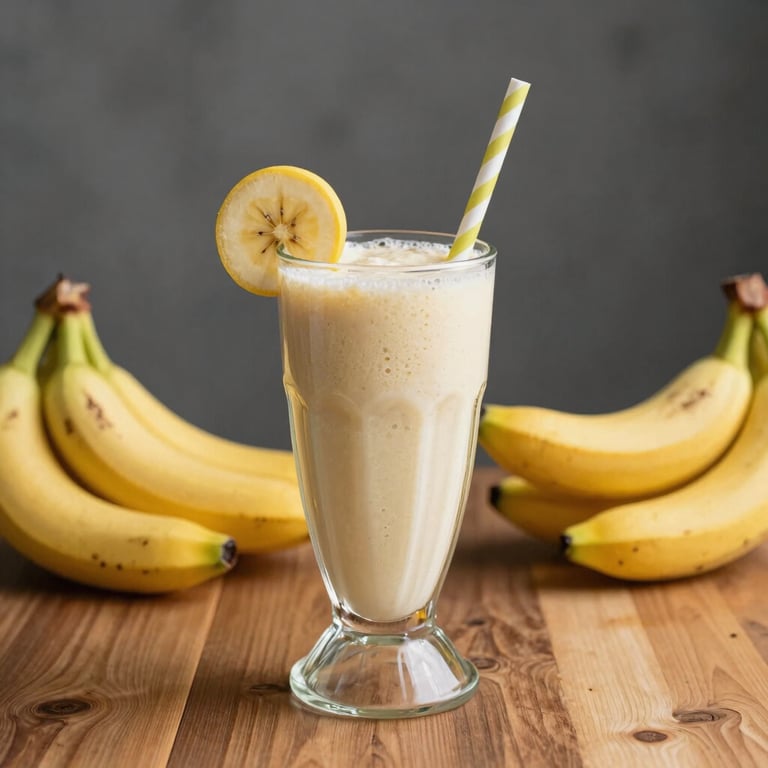 A refreshing glass of fresh banana smoothie on a wooden table with tropical fruits in a professional studio setting.