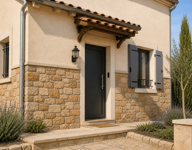Enduit de façade avec soubassement en pierre – finition extérieure maison