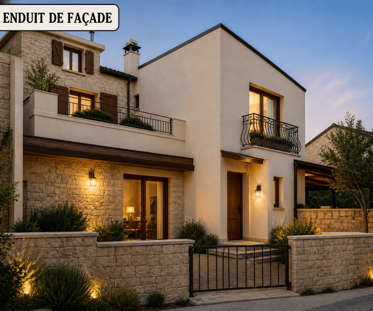 Enduit de façade maison moderne avec pierre – rénovation extérieure haut de gamme
