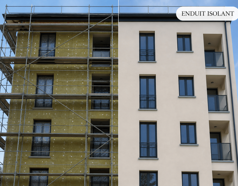 Isolation thermique par l’extérieur – chantier en cours avec enduit isolant