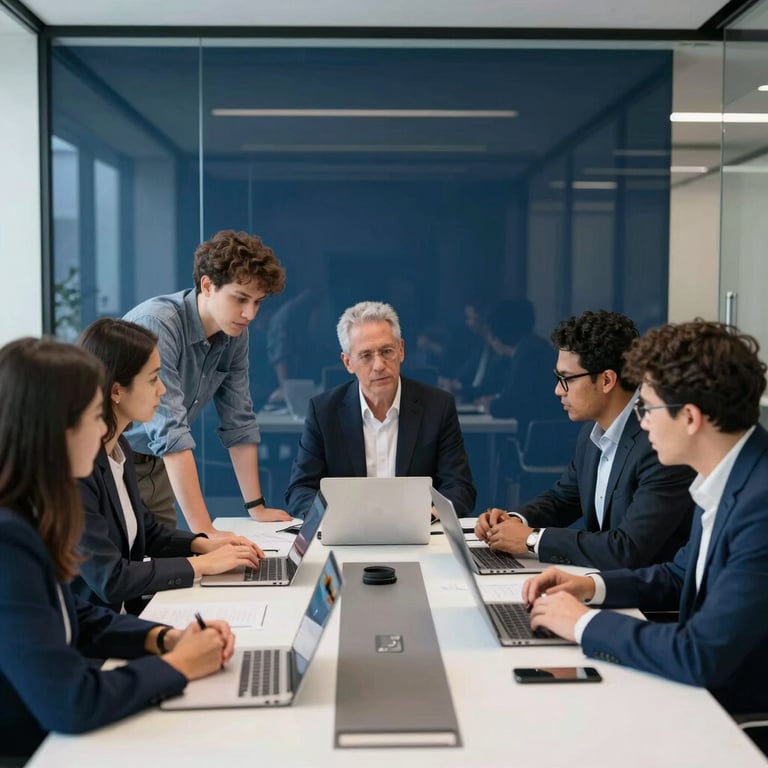 A diverse team of professionals in a glass-walled conference room with navy blue and white accents, collaborating on an app strategy in a global international setting.