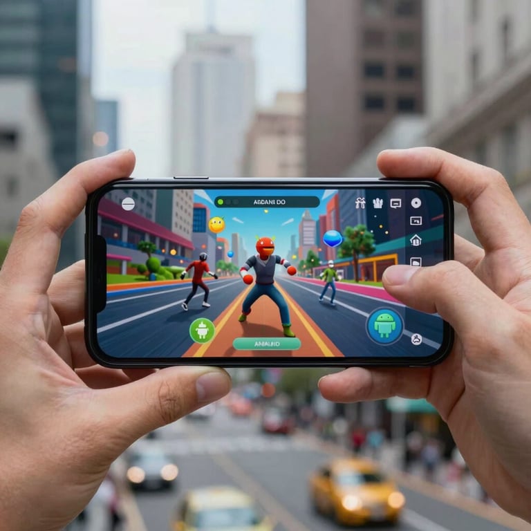 A handheld smartphone displaying a colorful, high-action Android mobile game, set against a blurred urban background in a global international city.