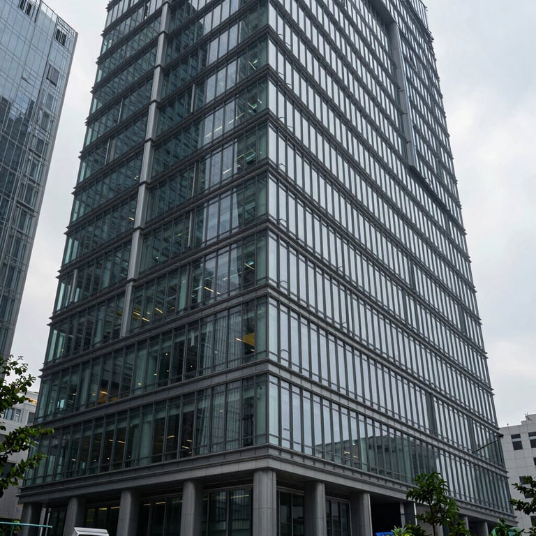 Modern architectural shot of a high-tech innovation center with glass and steel, representing global progress and digital expertise.