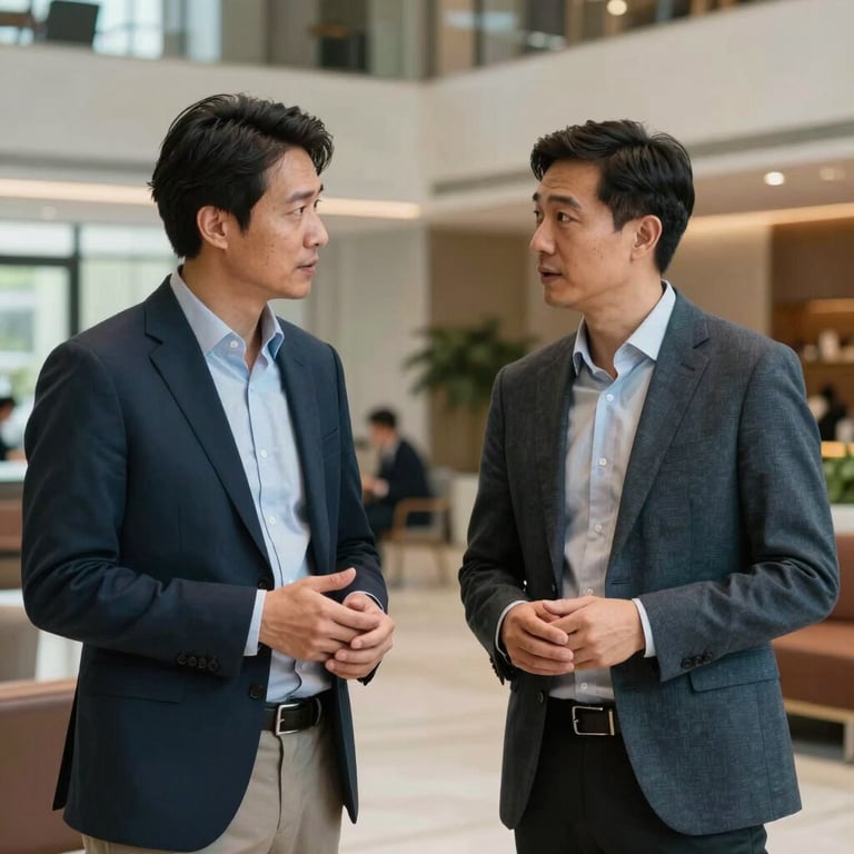 Two professionals in smart casual attire having a productive discussion in a modern, open-concept lobby with international business styling.