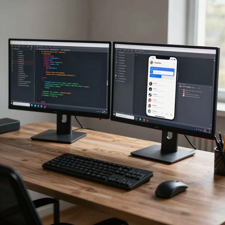 A tidy developer's desk featuring a dual monitor setup with code and mobile app UI designs, illuminated by soft natural light.