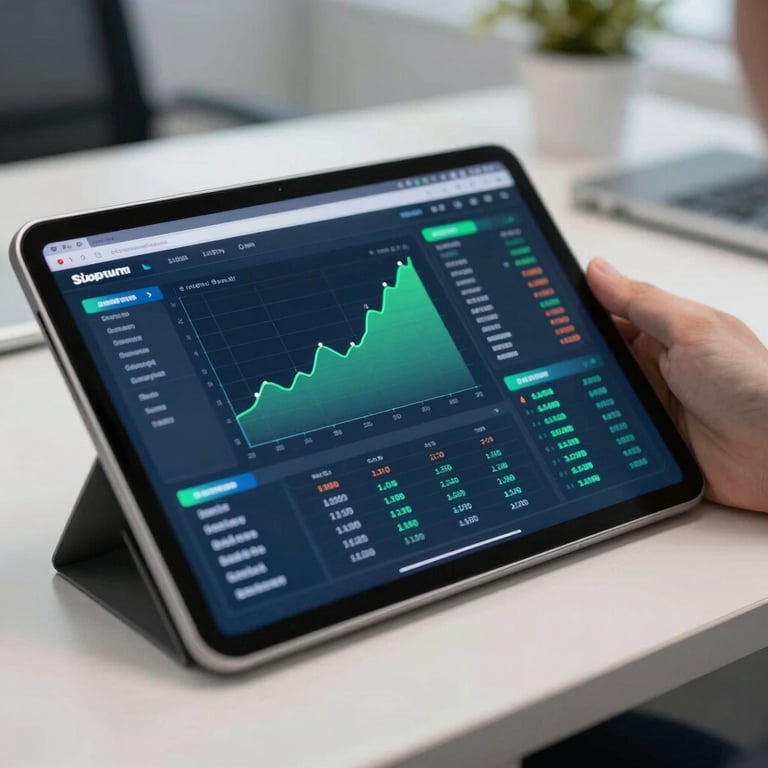 Close-up of a tablet displaying a sleek and professional financial dashboard with green and blue data visualizations in a bright corporate office.