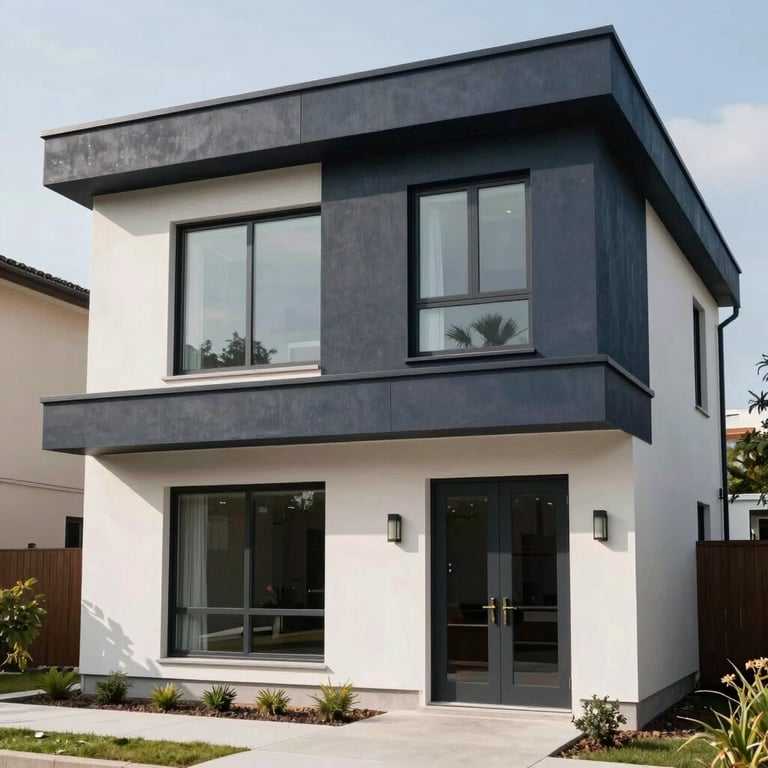 A finished modern house exterior with charcoal navy facade details and soft off-white walls under bright daylight.