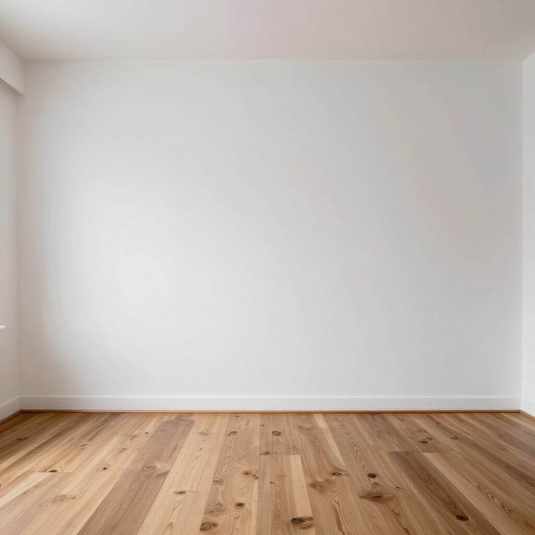 Interior shot of a minimalist living room with perfectly smooth cloud white walls and high-quality wooden flooring.