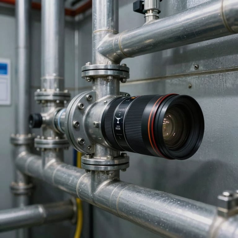 Close-up of professionally installed engineering networks and pipes in a clean steel grey utility room.