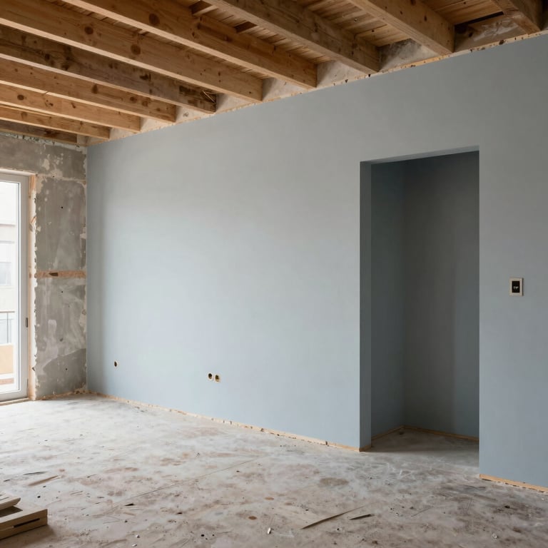 A wide shot of a renovation project showing the transition from old structure to a modern, pale blue grey minimalist space.