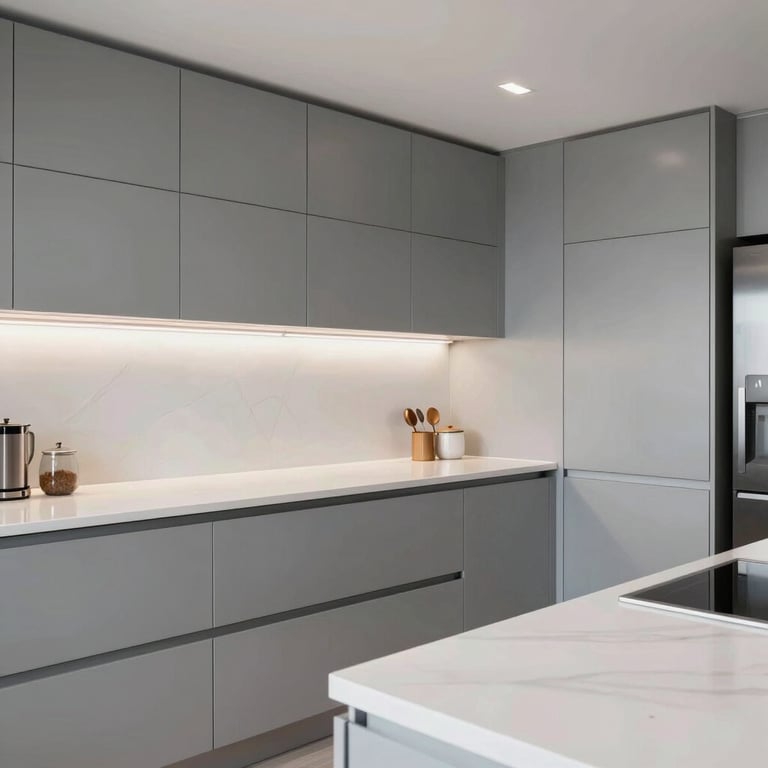 A bright, modern kitchen interior featuring clean lines, steel grey cabinetry, and cloud white countertops.