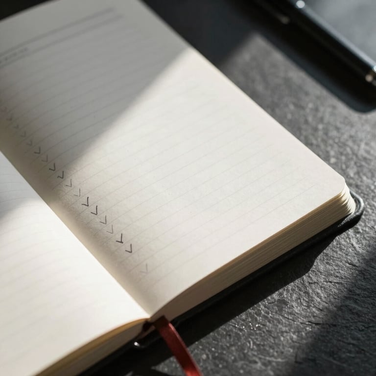 Macro shot of physical planner pages on a dark slate desk, sharp directional light casting deep shadows over hand-drawn checkmarks.