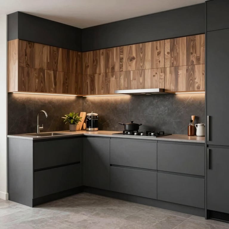 A modern open-plan kitchen featuring charcoal accents and warm wood panels under soft lighting.