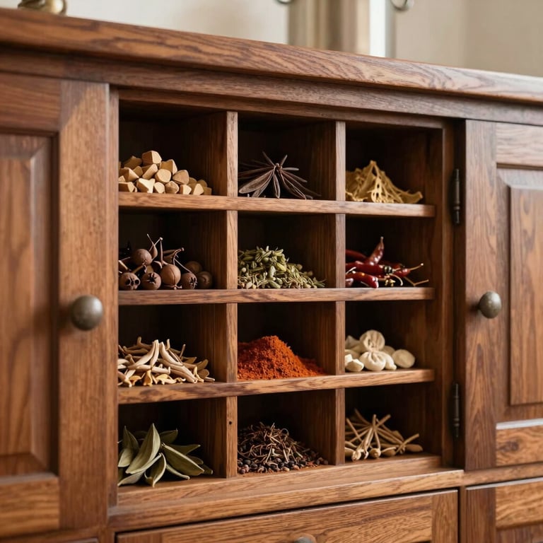 Detailed view of a bespoke spice rack integrated into medium brown wooden cabinetry.