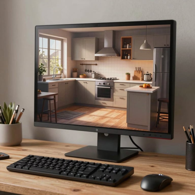 Designer's desk with a high-resolution 3D render of a kitchen displayed on a monitor, reflecting a warm studio atmosphere.