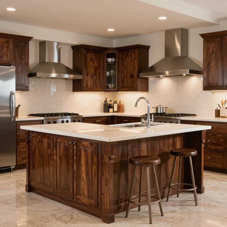 A sophisticated kitchen with dark wood islands and cream countertops in a bright Hispanic / Latin American residence.