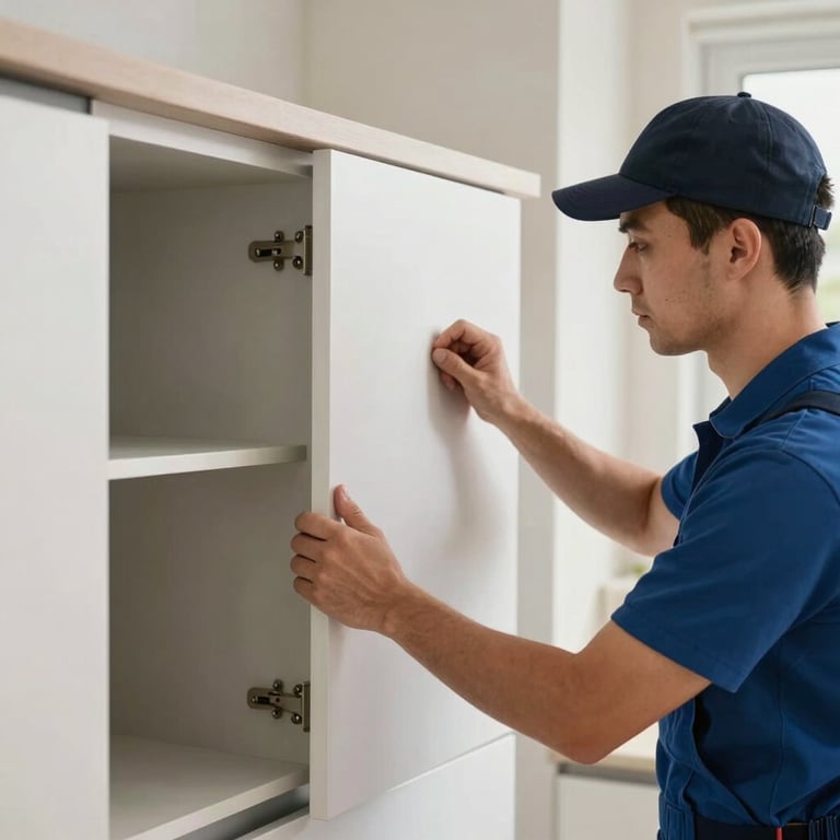 Final delivery phase: a professional installer carefully adjusting a cabinet door in a clean, new kitchen.
