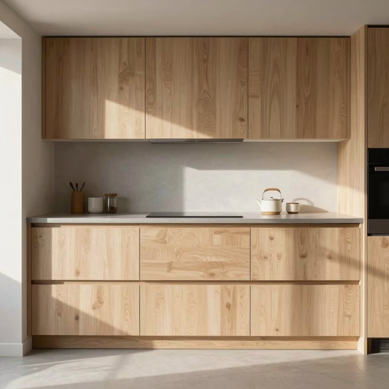 A minimalist integrated kitchen with hidden handles and natural wood finishes in a sunny apartment.