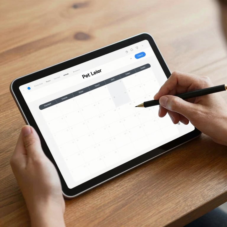 A social media manager planning a content calendar on a tablet, overhead shot, warm wooden table background.