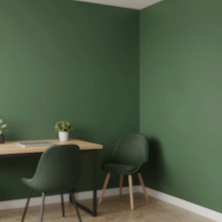 A cozy, Scandinavian-style office corner with Matte Forest Green (#224236) walls and minimalist furniture.