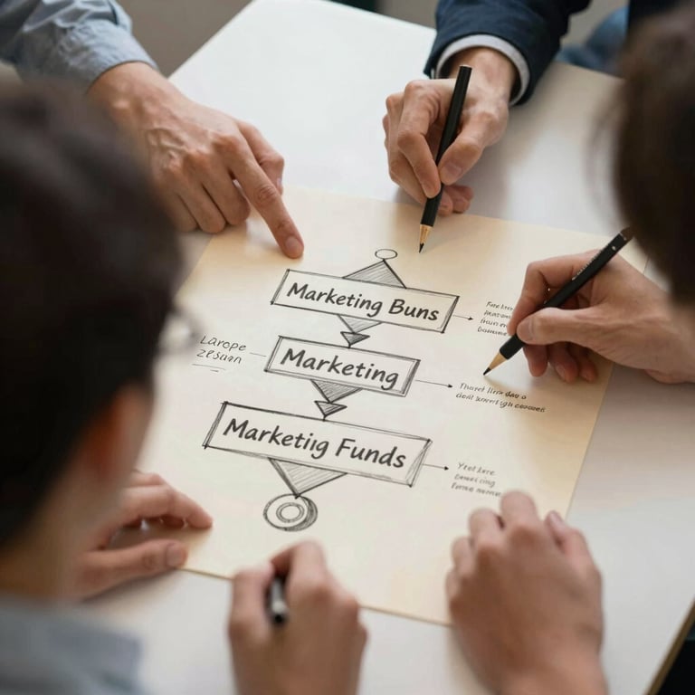 Close-up of a team brainstorming, with sketches of marketing funnels on Crisp Parchment (#F8F2EA) paper.