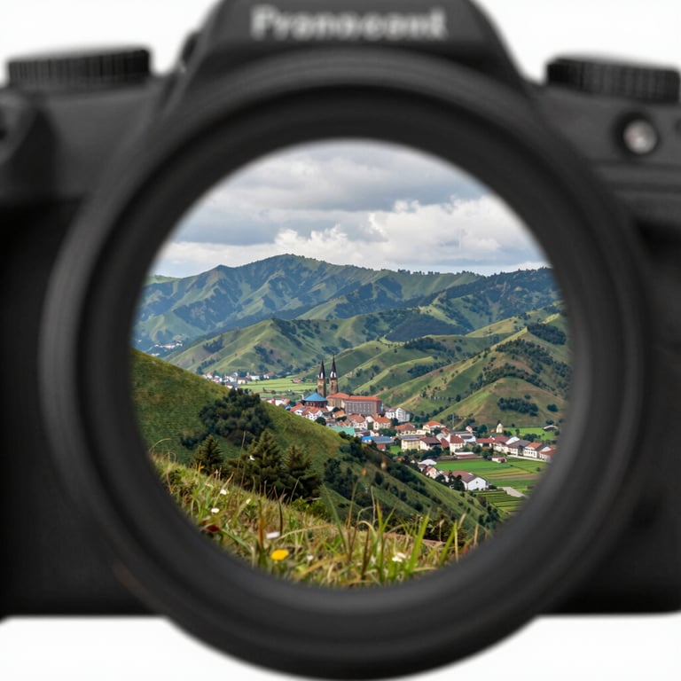 A scenic travel destination landscape framed through a professional camera lens.