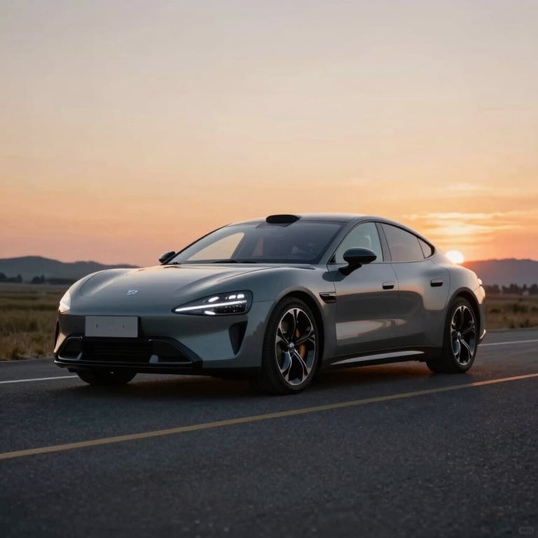 A sleek, modern imported car being photographed at sunset for an automotive client.
