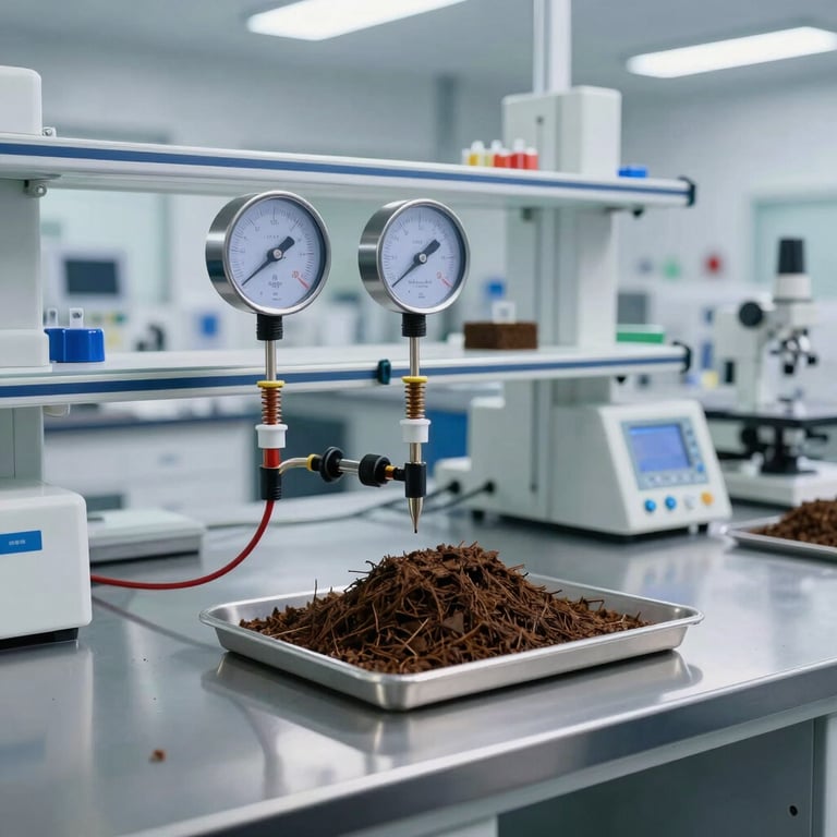 A modern agricultural testing laboratory, clean steel counters, digital meter measuring electrical conductivity of a cocopeat sample.