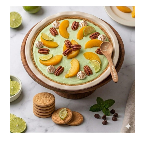 Pay de limon frío, con durazno y nuez encima